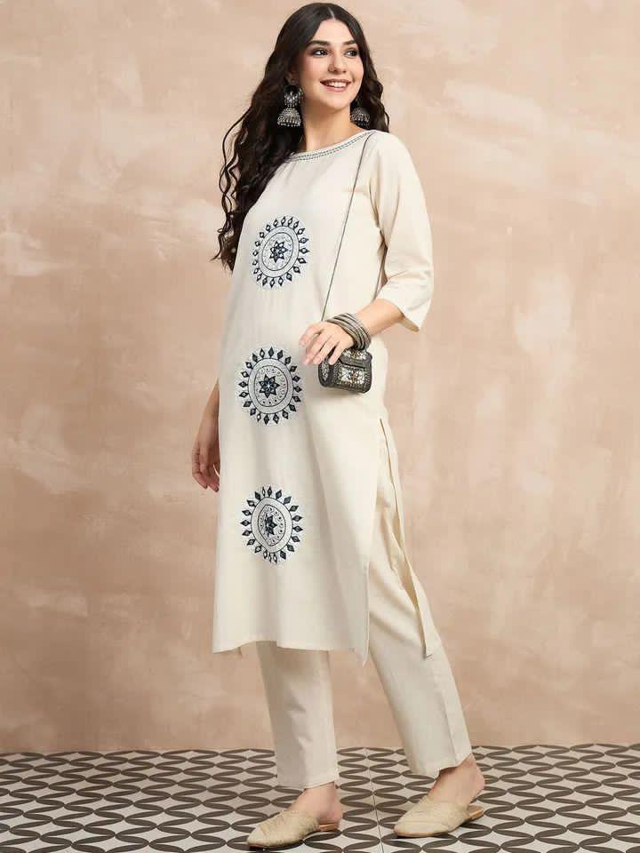 White Cotton A-Line Mirror Work Kurta Suit Set
