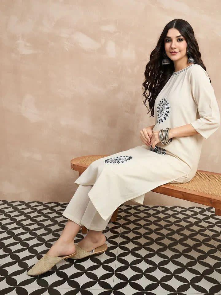 White Cotton A-Line Mirror Work Kurta Suit Set
