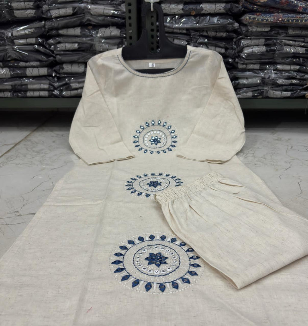 White Cotton A-Line Mirror Work Kurta Suit Set