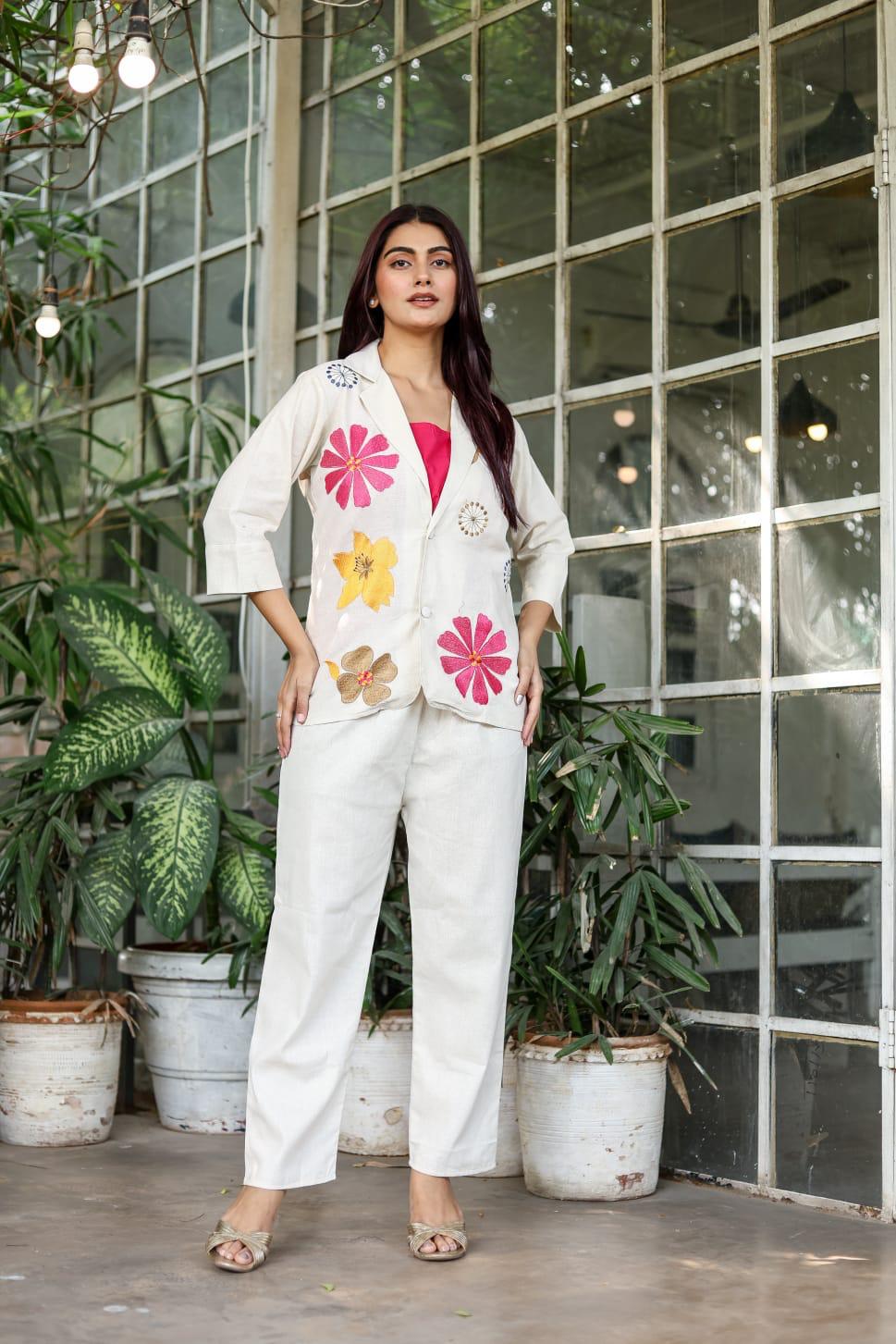 Ivory Floral Embroidered Linen Cotton Blazer Co-ord Set