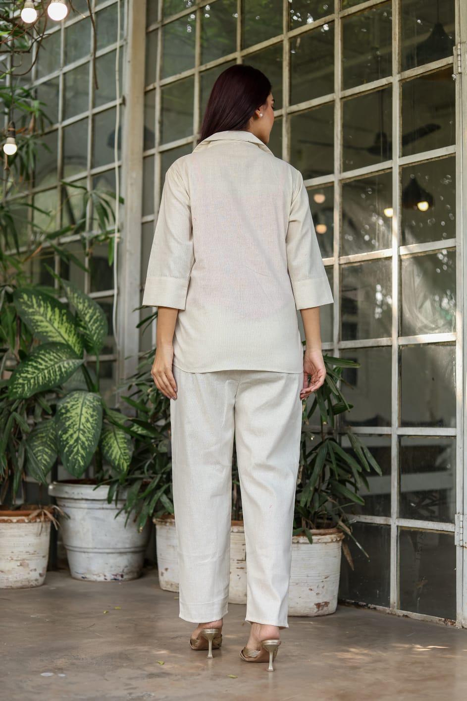 Ivory Floral Embroidered Linen Cotton Blazer Co-ord Set