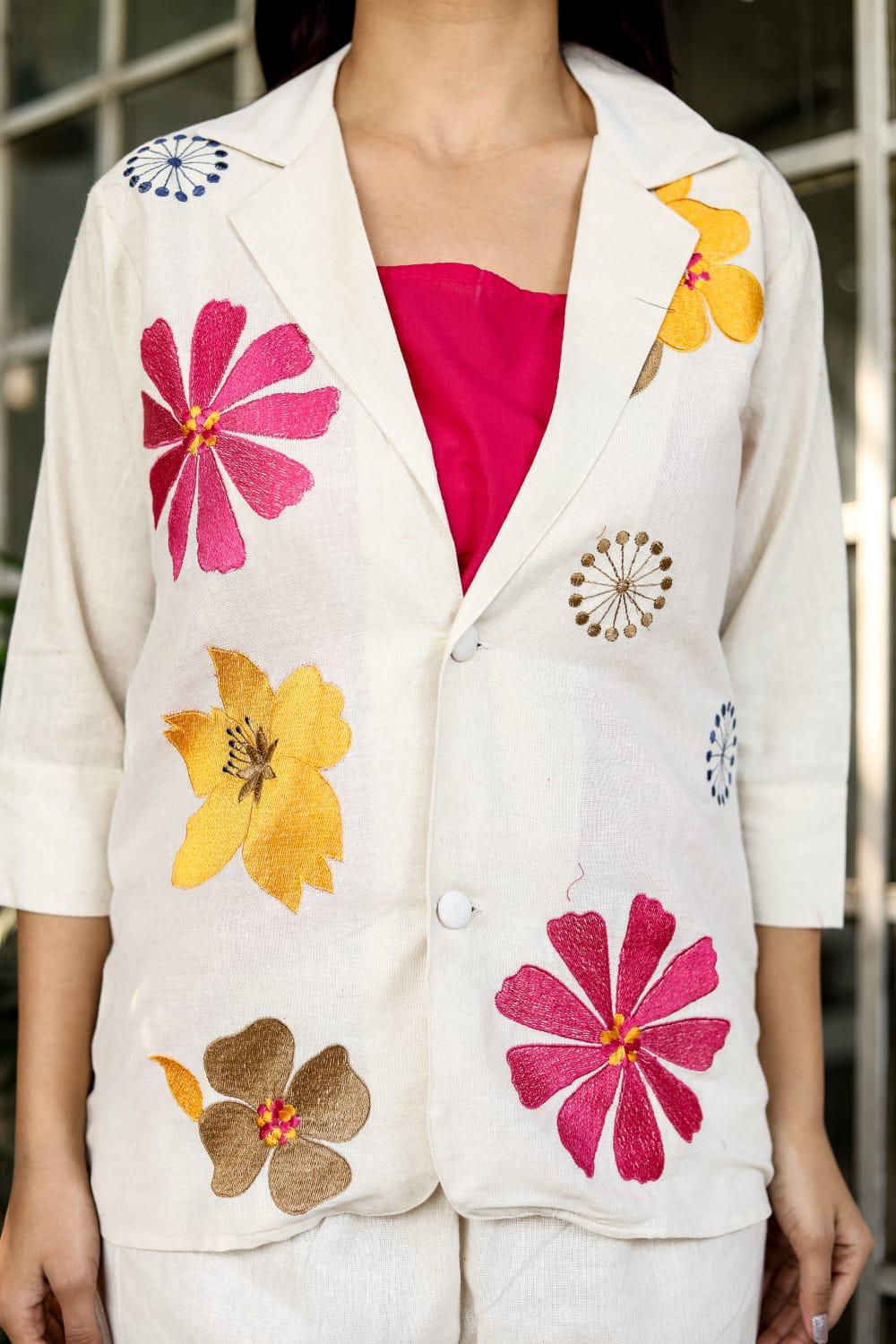 Ivory Floral Embroidered Linen Cotton Blazer Co-ord Set