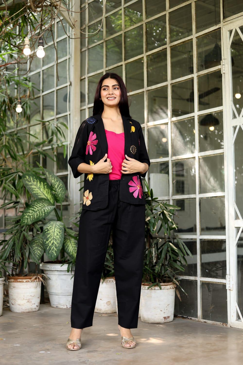 Black Floral Embroidered Linen Cotton Blazer Co-ord Set