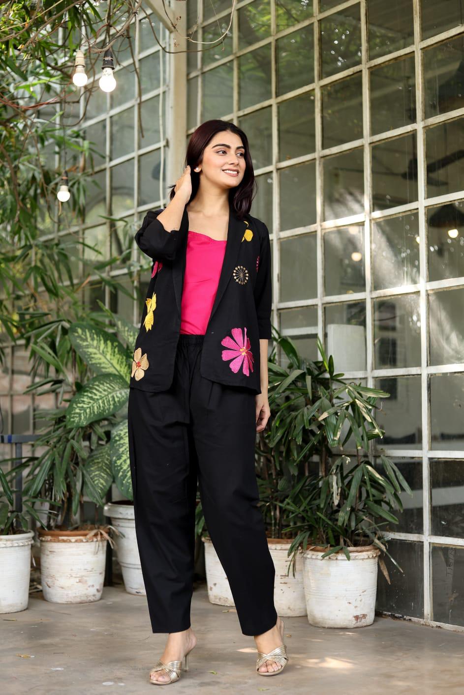 Black Floral Embroidered Linen Cotton Blazer Co-ord Set