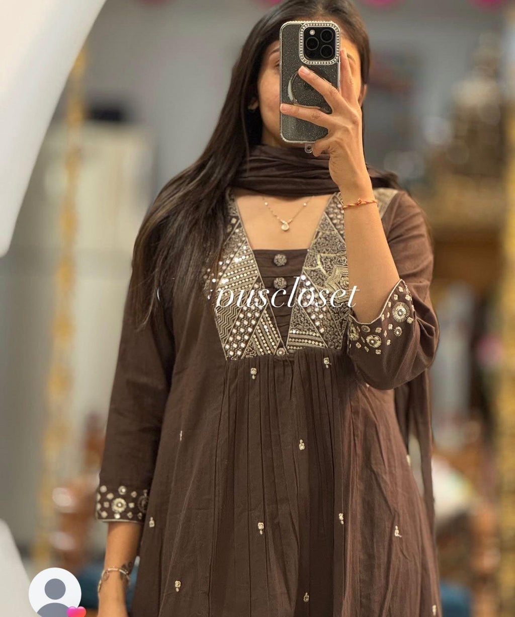 Chocolate Brown Cotton Silk Kurta Set with Mirror Work