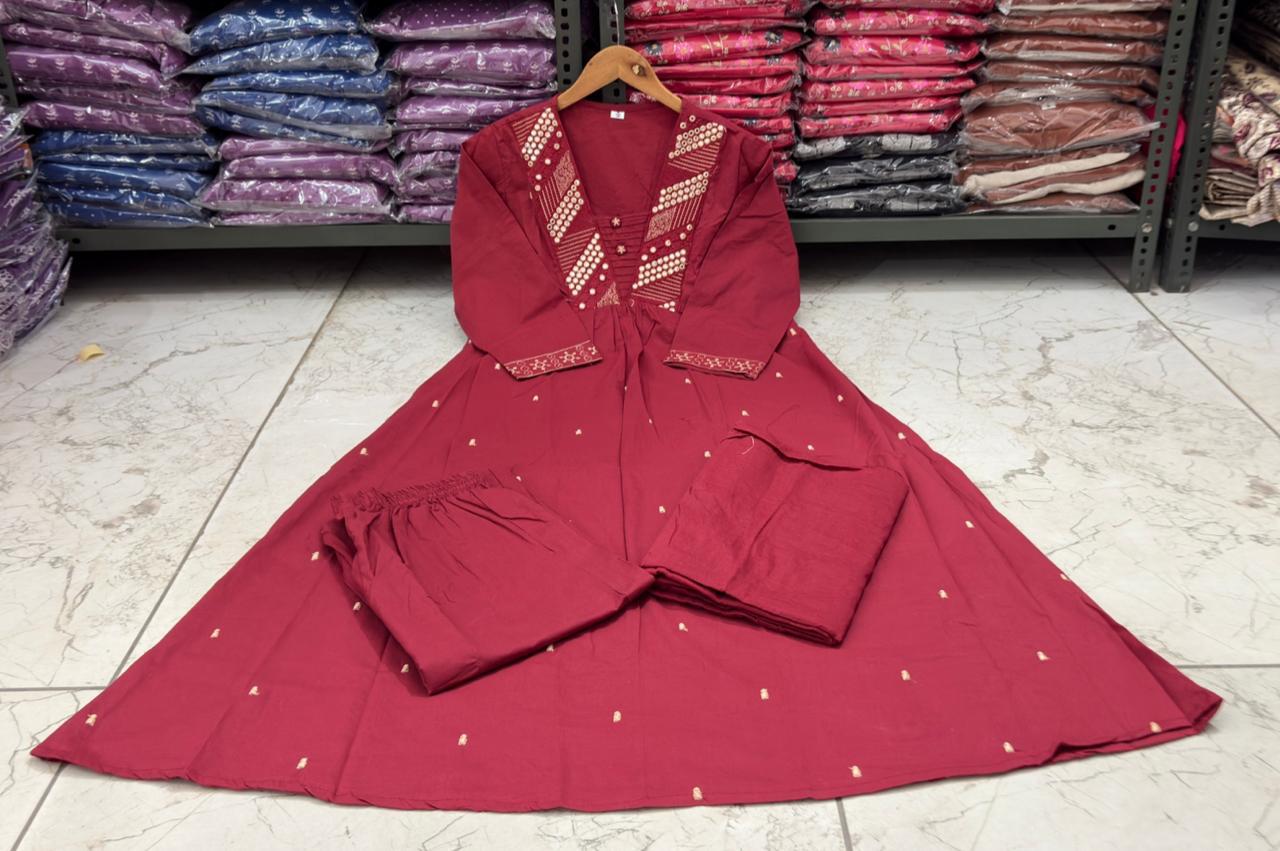 Red Cotton Silk Kurta Set with Mirror Work