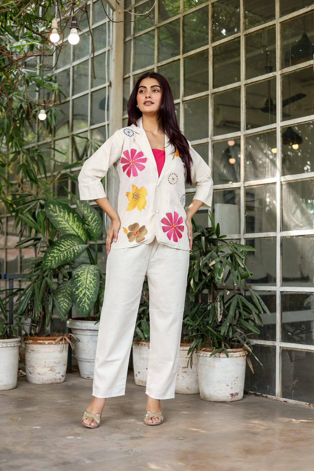 Ivory Floral Embroidered Linen Cotton Blazer Co-ord Set