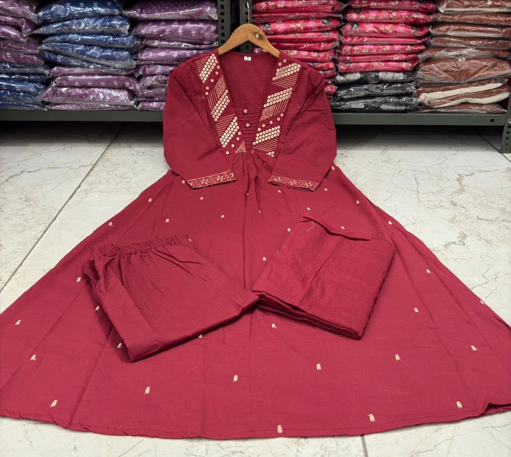 Red Cotton Silk Kurta Set with Mirror Work