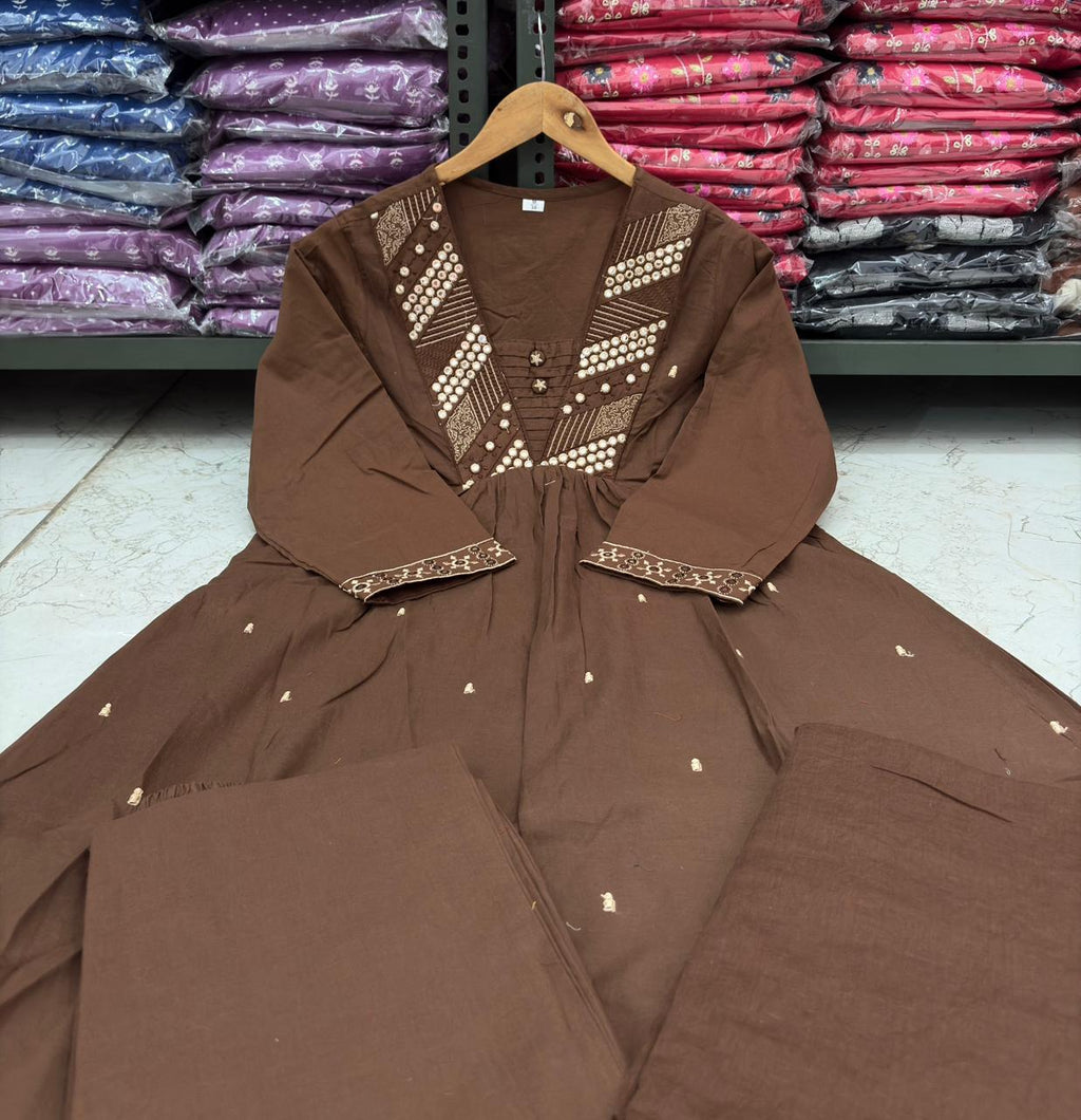 Chocolate Brown Cotton Silk Kurta Set with Mirror Work