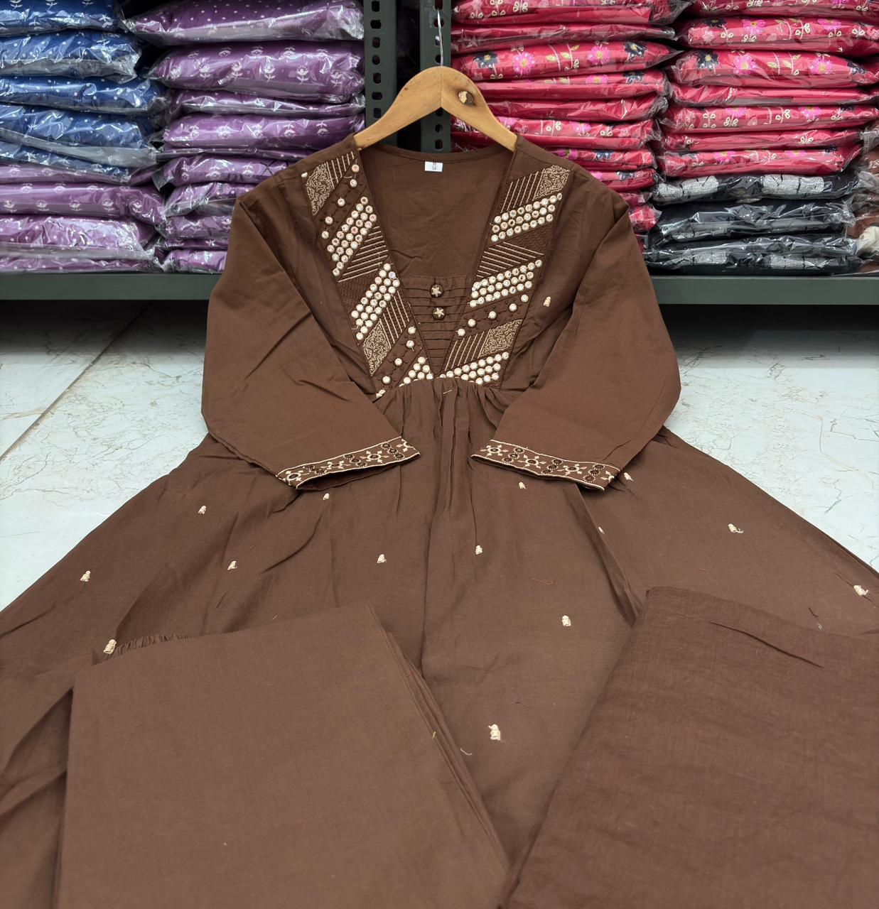 Chocolate Brown Cotton Silk Kurta Set with Mirror Work