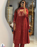 Red Cotton Silk Kurta Set with Mirror Work