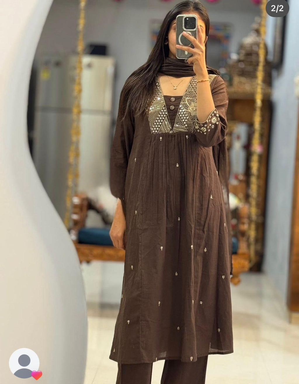Chocolate Brown Cotton Silk Kurta Set with Mirror Work