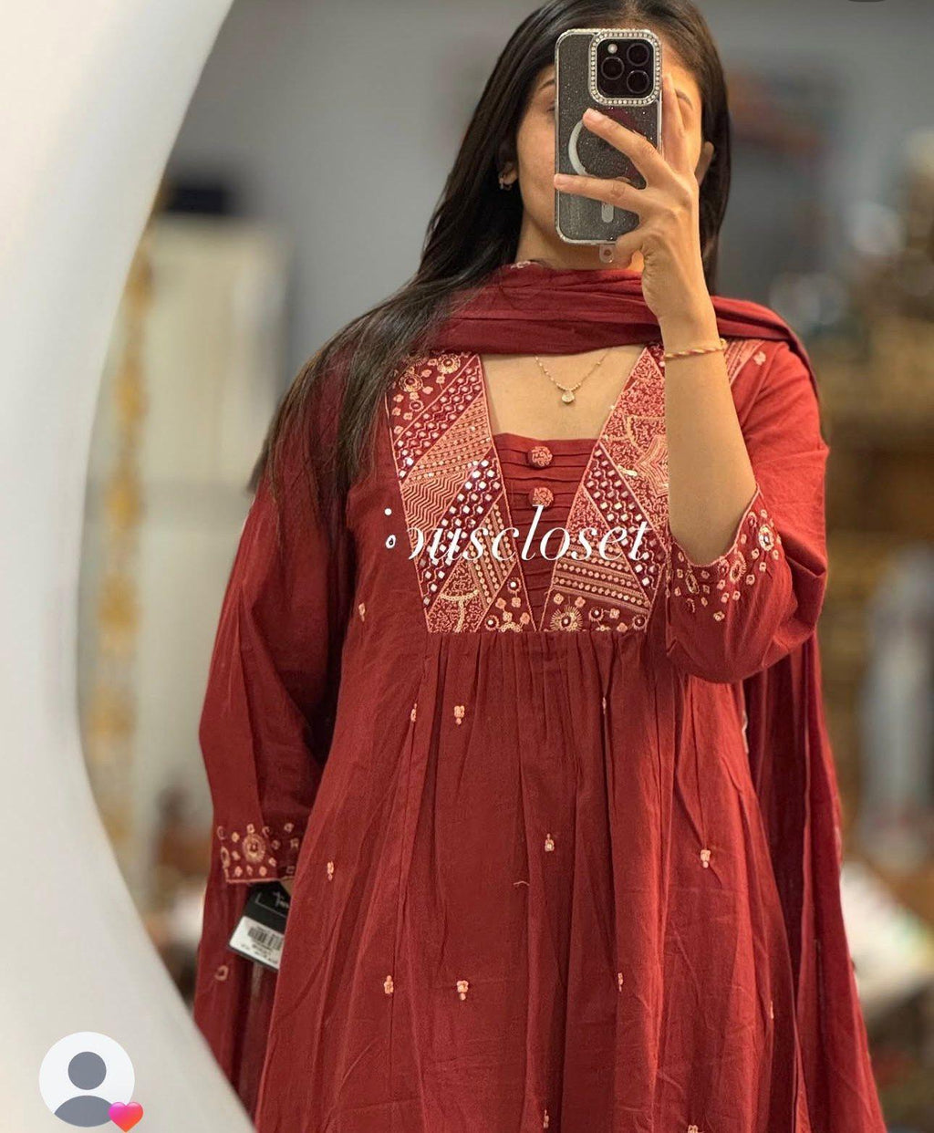 Red Cotton Silk Kurta Set with Mirror Work