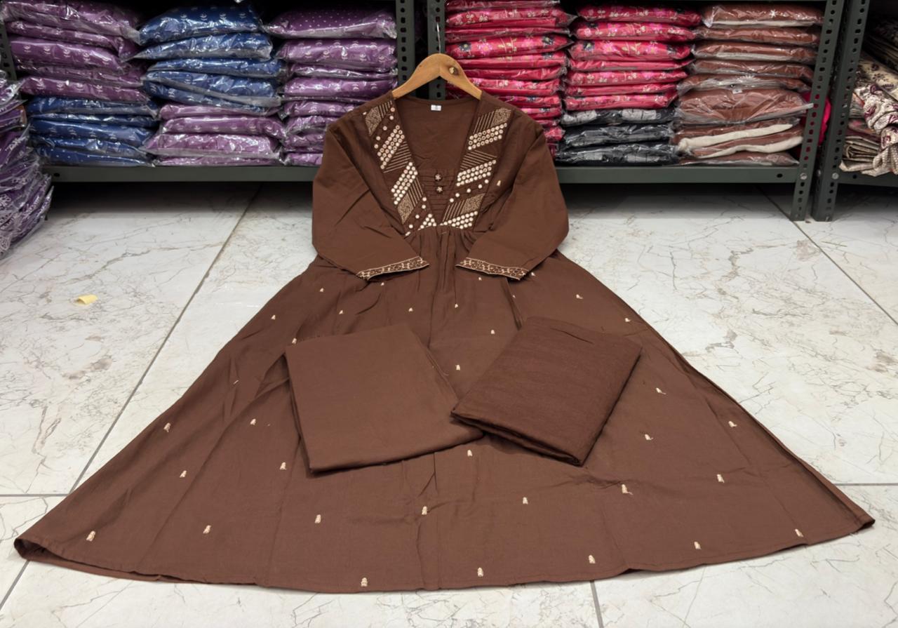 Chocolate Brown Cotton Silk Kurta Set with Mirror Work