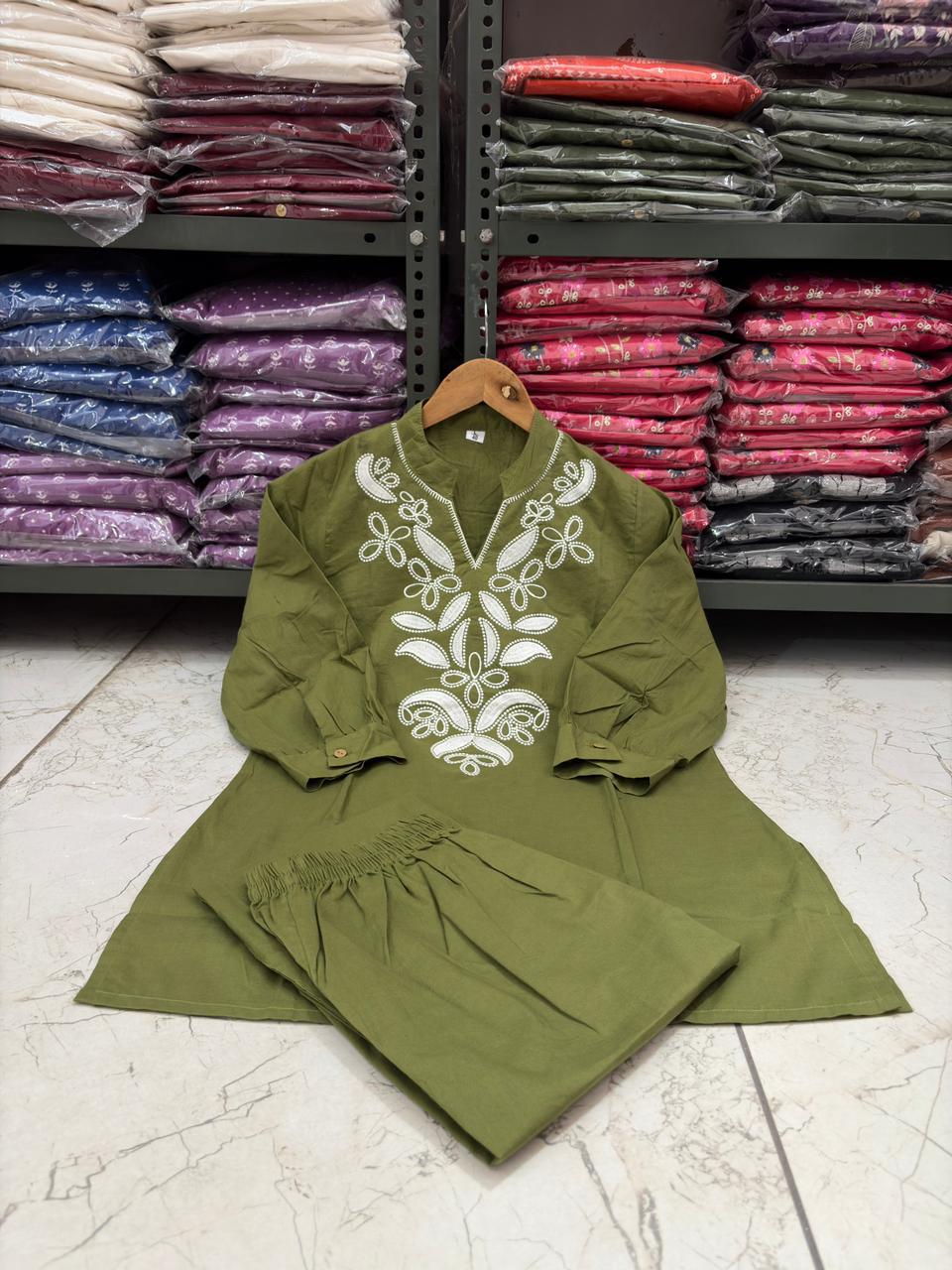 Olive Green Embroidered Cotton Co-ord Set with Floral Cutwork