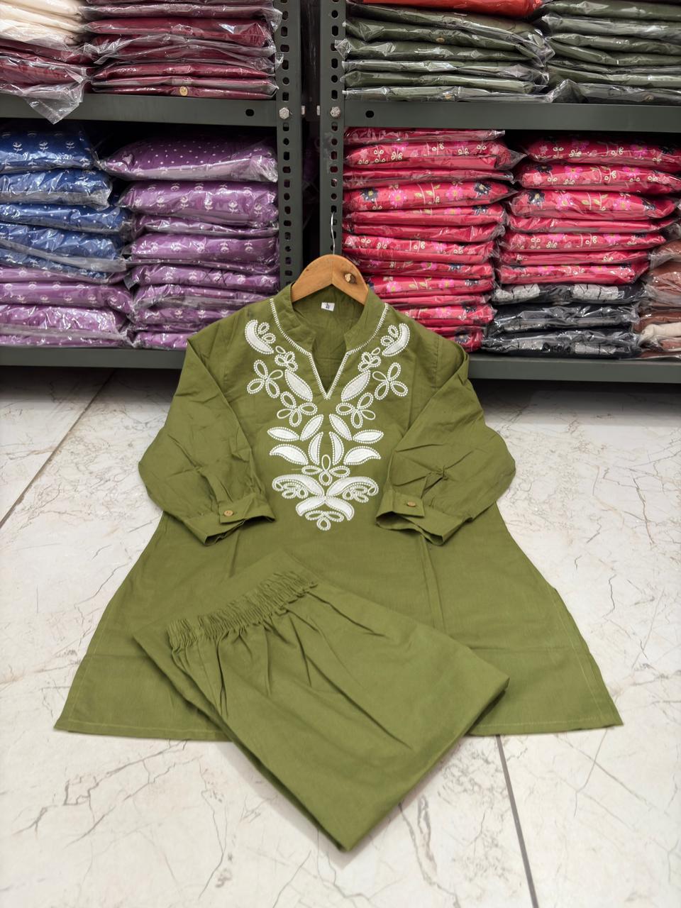 Olive Green Embroidered Cotton Co-ord Set with Floral Cutwork