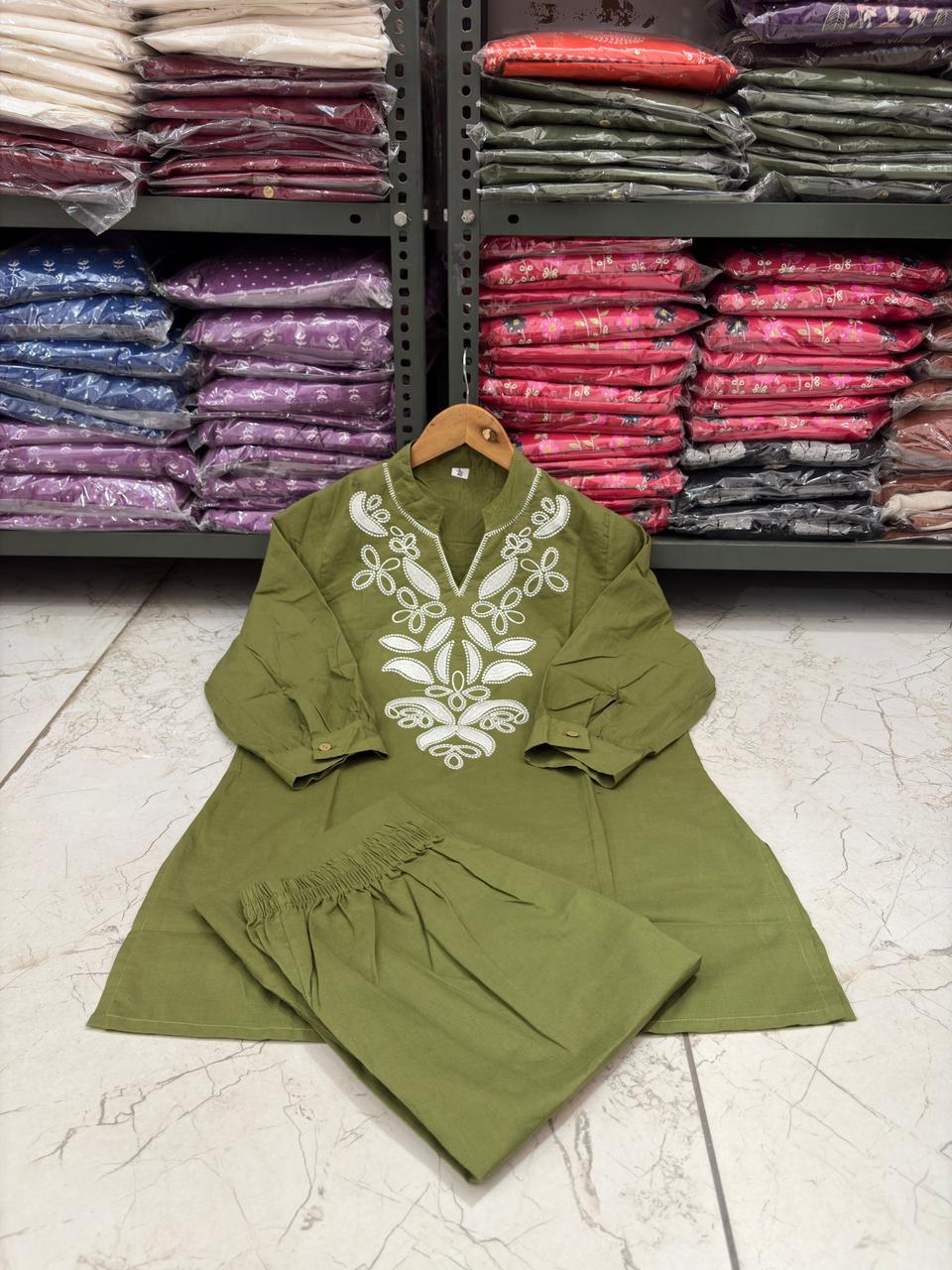 Olive Green Embroidered Cotton Co-ord Set with Floral Cutwork