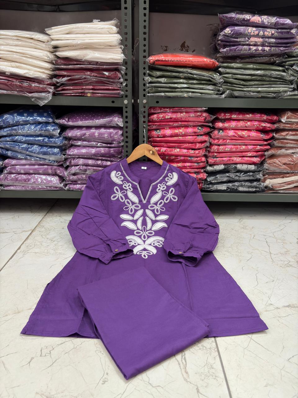 Purple Embroidered Cotton Co-ord Set with Floral Cutwork