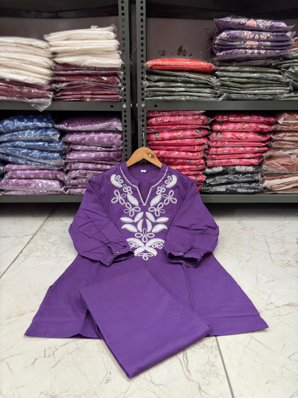 Purple Embroidered Cotton Co-ord Set with Floral Cutwork