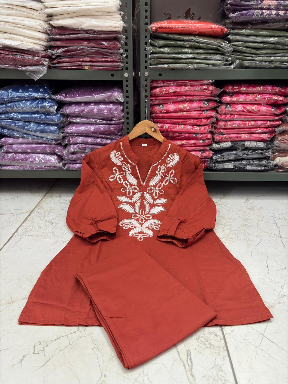 Rust Embroidered Cotton Co-ord Set with Floral Cutwork