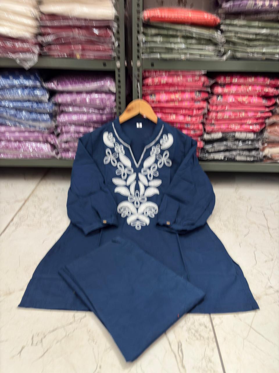 Blue Embroidered Cotton Co-ord Set with Floral Cutwork
