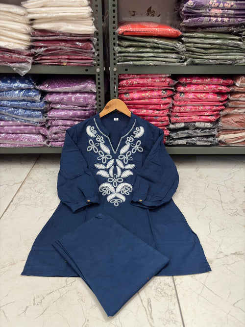 Blue Embroidered Cotton Co-ord Set with Floral Cutwork
