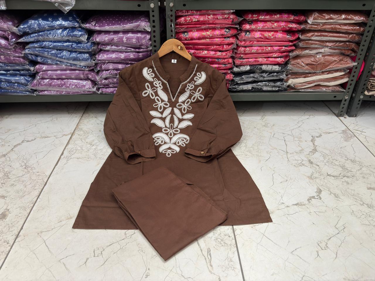 Brown Embroidered Cotton Co-ord Set with Floral Cutwork
