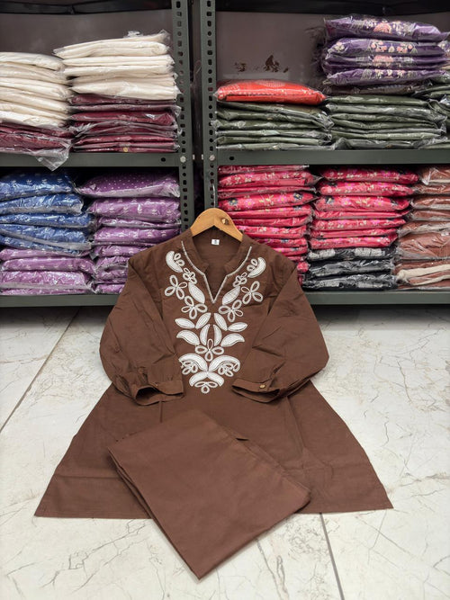 Brown Embroidered Cotton Co-ord Set with Floral Cutwork