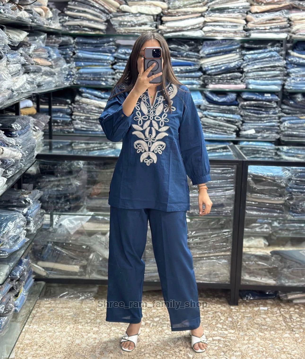 Blue Embroidered Cotton Co-ord Set with Floral Cutwork