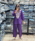 Purple Embroidered Cotton Co-ord Set with Floral Cutwork