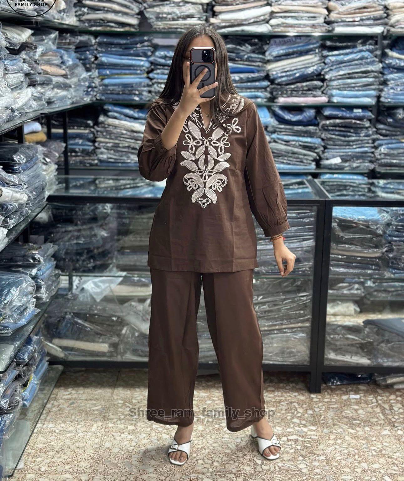Brown Embroidered Cotton Co-ord Set with Floral Cutwork