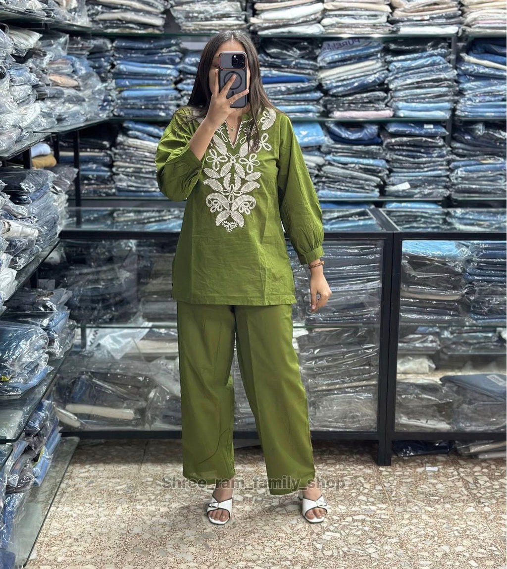 Olive Green Embroidered Cotton Co-ord Set with Floral Cutwork