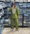 Olive Green Embroidered Cotton Co-ord Set with Floral Cutwork