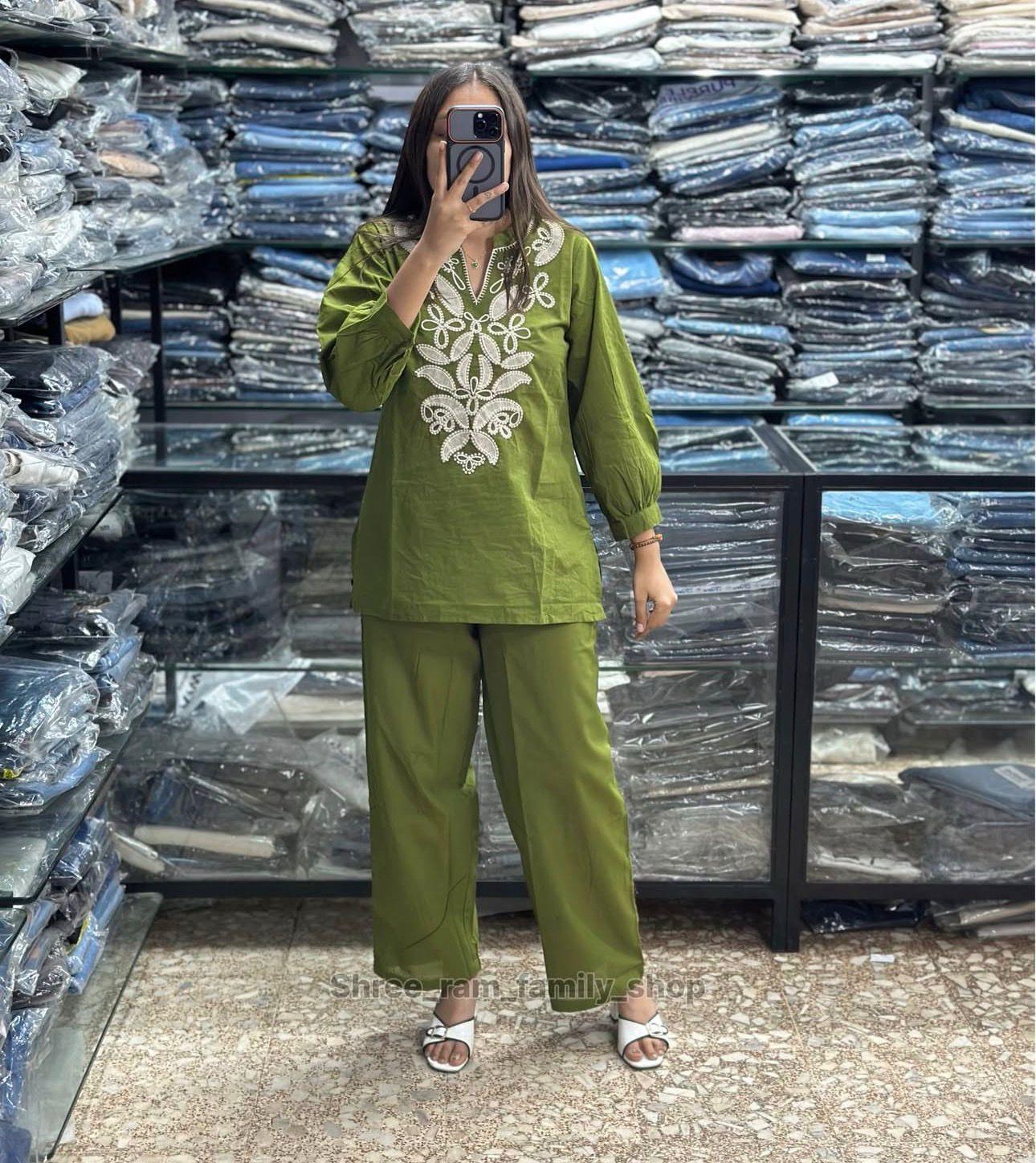 Olive Green Embroidered Cotton Co-ord Set with Floral Cutwork