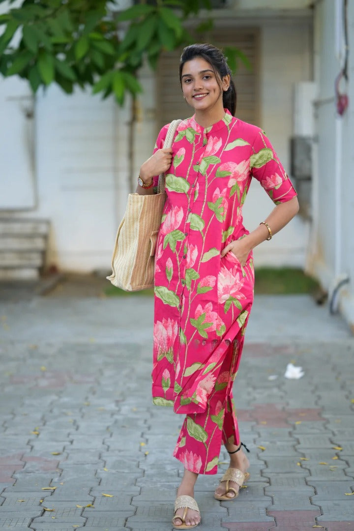 Pink Floral Printed Cotton Kurta Pant Set for Women
