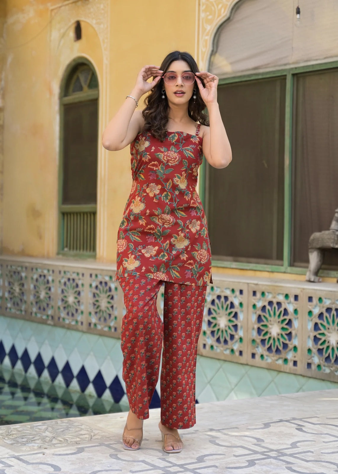 Rust Red Floral Print Sleeveless Cotton Co-Ord Set for Women