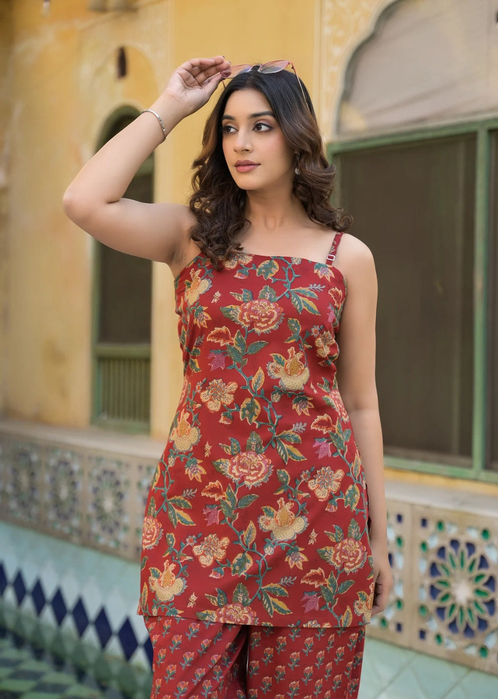 Rust Red Floral Print Sleeveless Cotton Co-Ord Set for Women