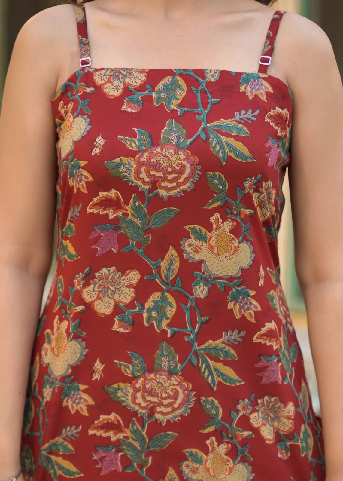 Rust Red Floral Print Sleeveless Cotton Co-Ord Set for Women