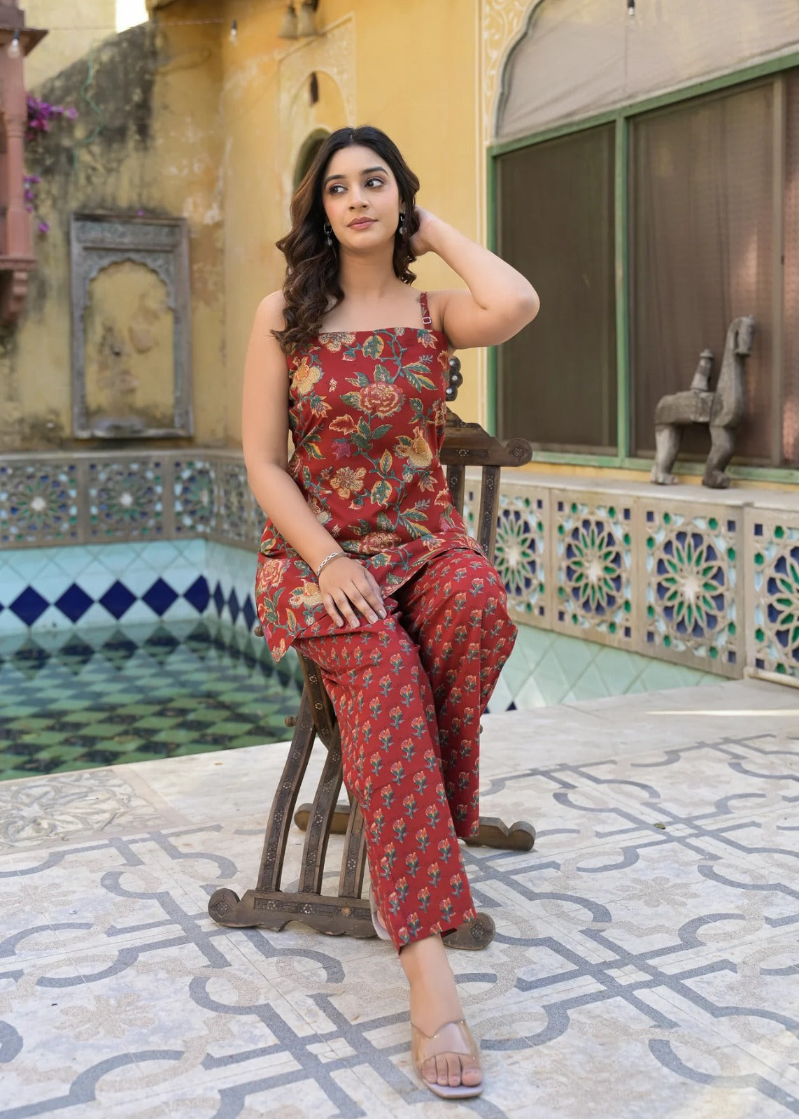 Rust Red Floral Print Sleeveless Cotton Co-Ord Set for Women