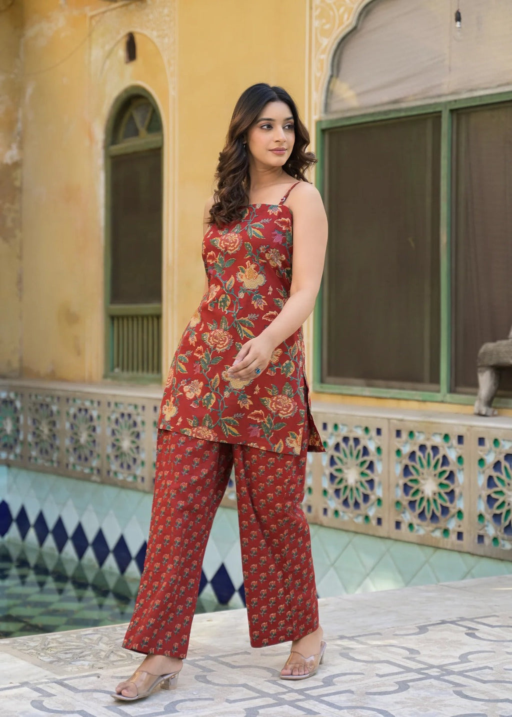 Rust Red Floral Print Sleeveless Cotton Co-Ord Set for Women