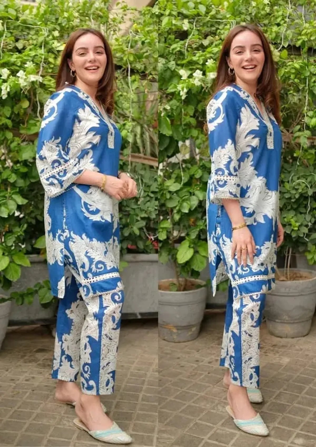 Blue & White Floral Printed Kurta with Straight Pants for Women