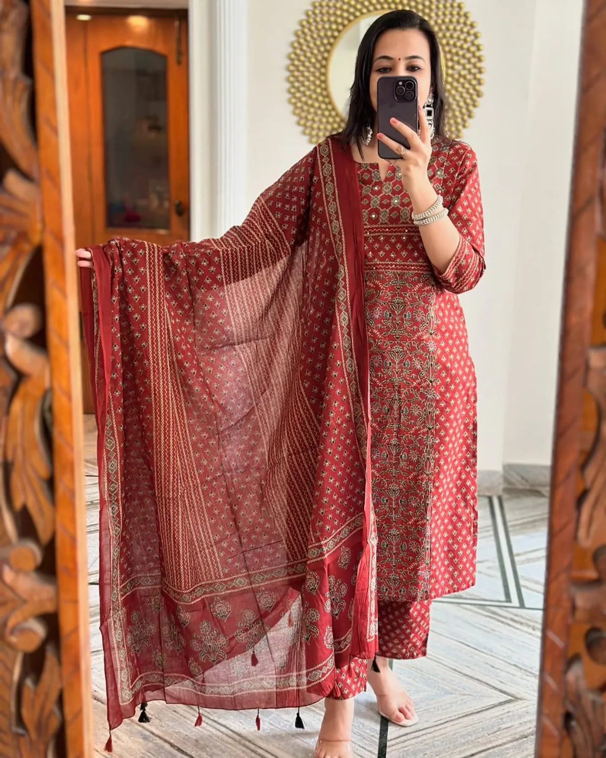 Maroon Handblock Printed Kurta Set with Dupatta for Women