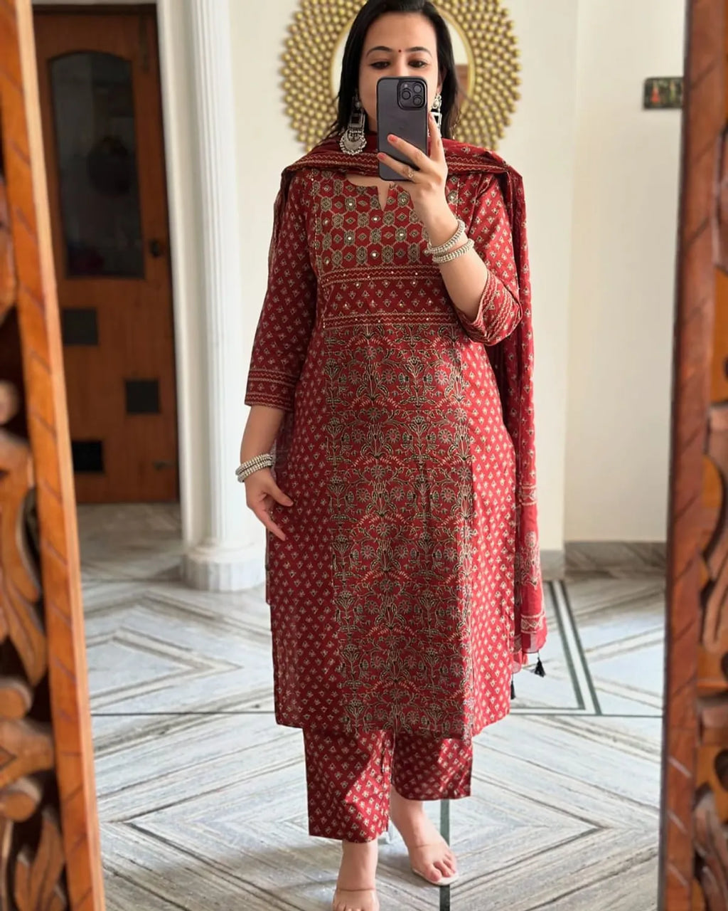 Maroon Handblock Printed Kurta Set with Dupatta for Women