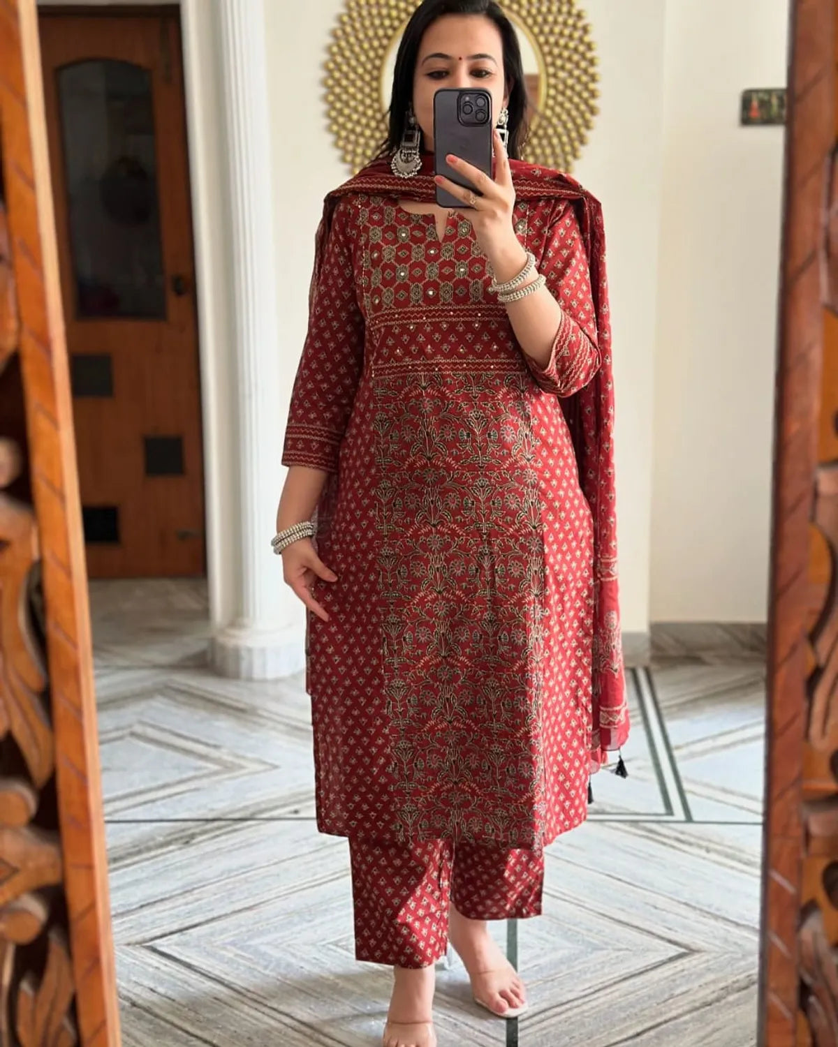 Maroon Handblock Printed Kurta Set with Dupatta for Women