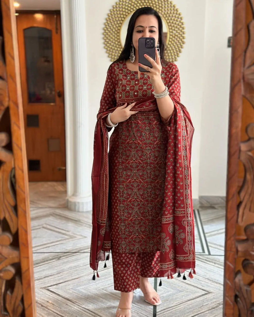 Maroon Handblock Printed Kurta Set with Dupatta for Women