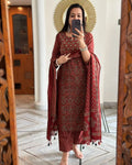 Maroon Handblock Printed Kurta Set with Dupatta for Women