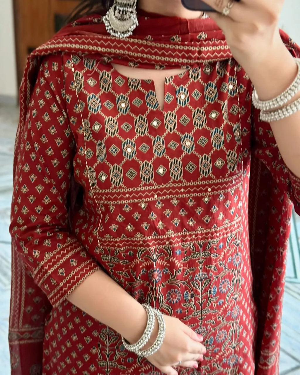 Maroon Handblock Printed Kurta Set with Dupatta for Women