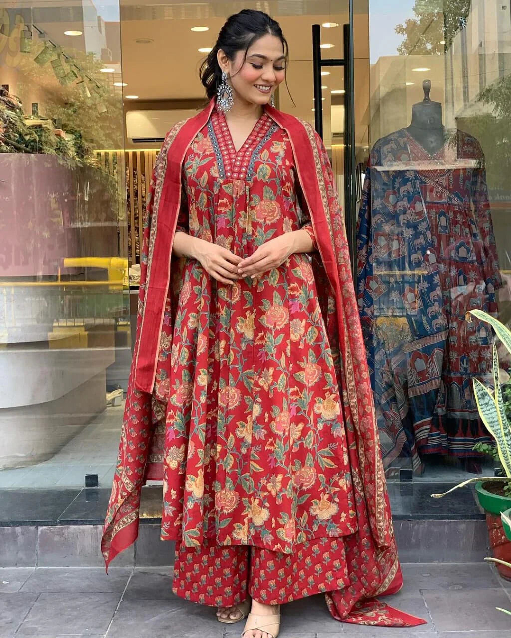 Crimson Red Floral Printed Kurta Set with Dupatta for Women
