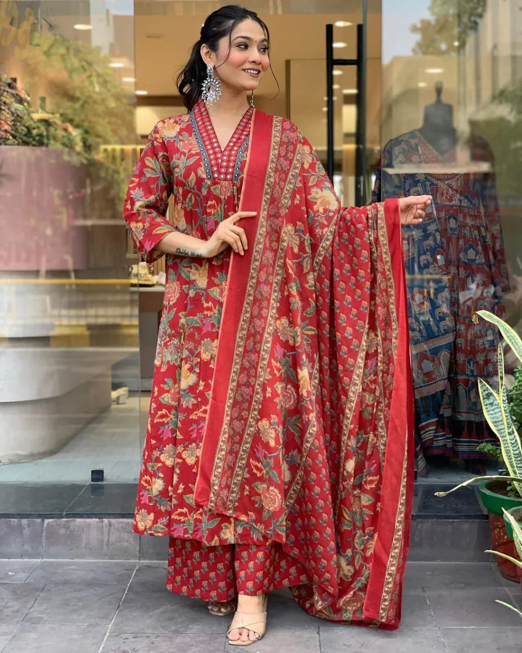 Crimson Red Floral Printed Kurta Set with Dupatta for Women