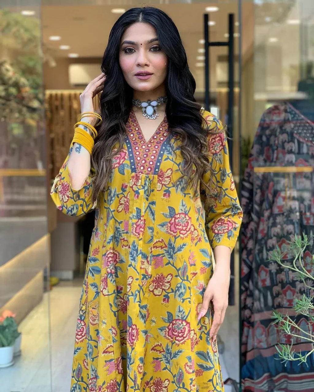 Mustard Floral Printed Anarkali Kurta Set with Mulmul Dupatta for Women